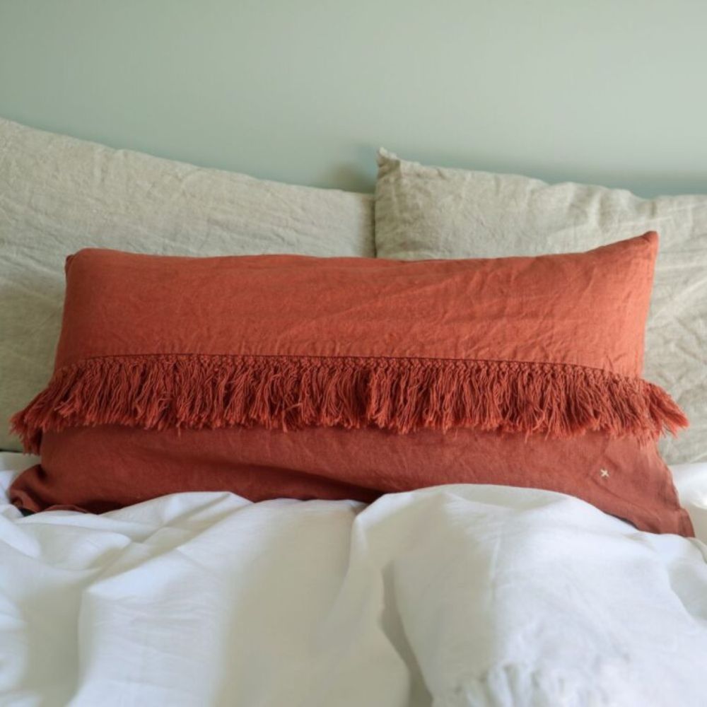 Washed Linen Cushion Cover with Fringed Trim - Red