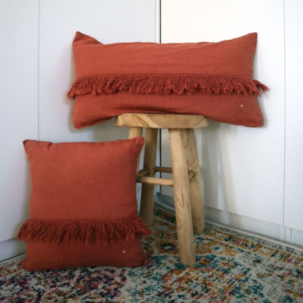 Washed Linen Cushion Cover with Fringed Trim - Red
