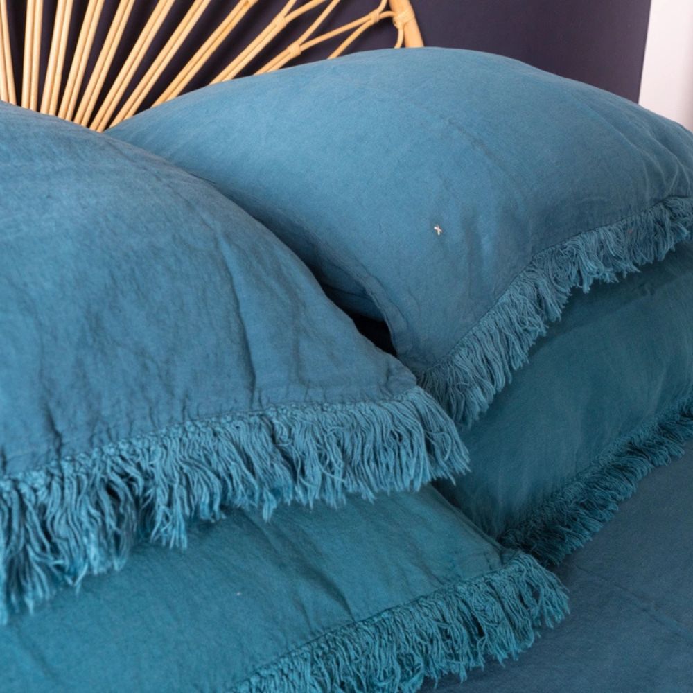 Housse De Coussin En Lin Lavé À Finitions Frangées - Bleu