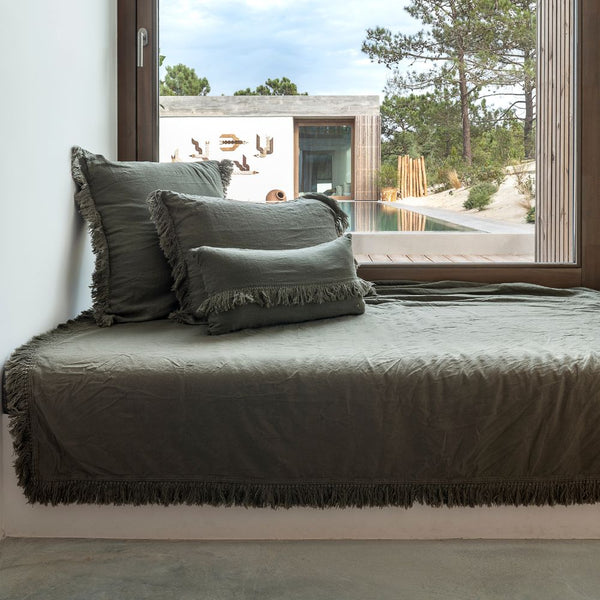 Washed Linen Cushion Cover with Fringed Finish - Khaki
