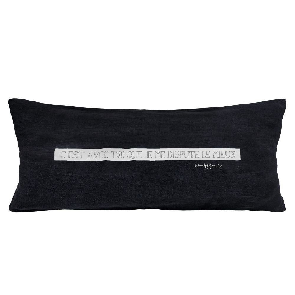 Housse De Coussin Sérigraphiée En Lin Lavé - Noir