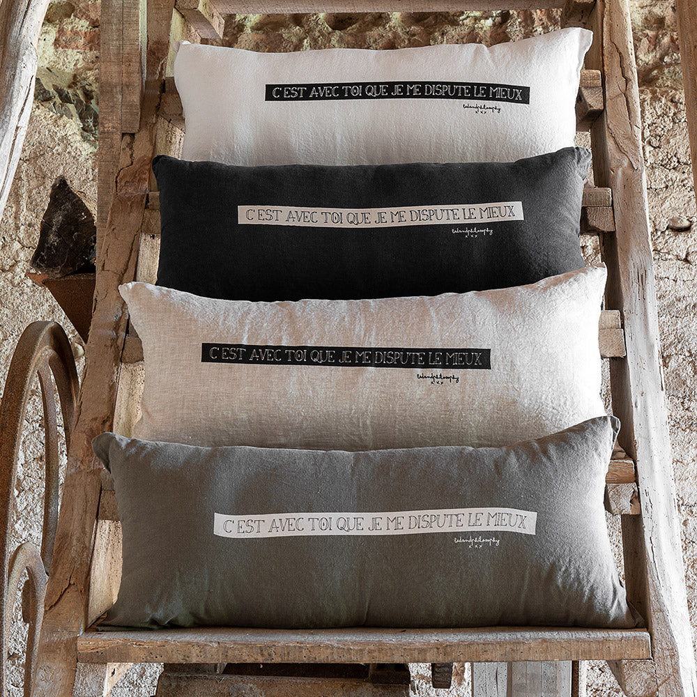 Housse De Coussin Sérigraphiée En Lin Lavé - Noir
