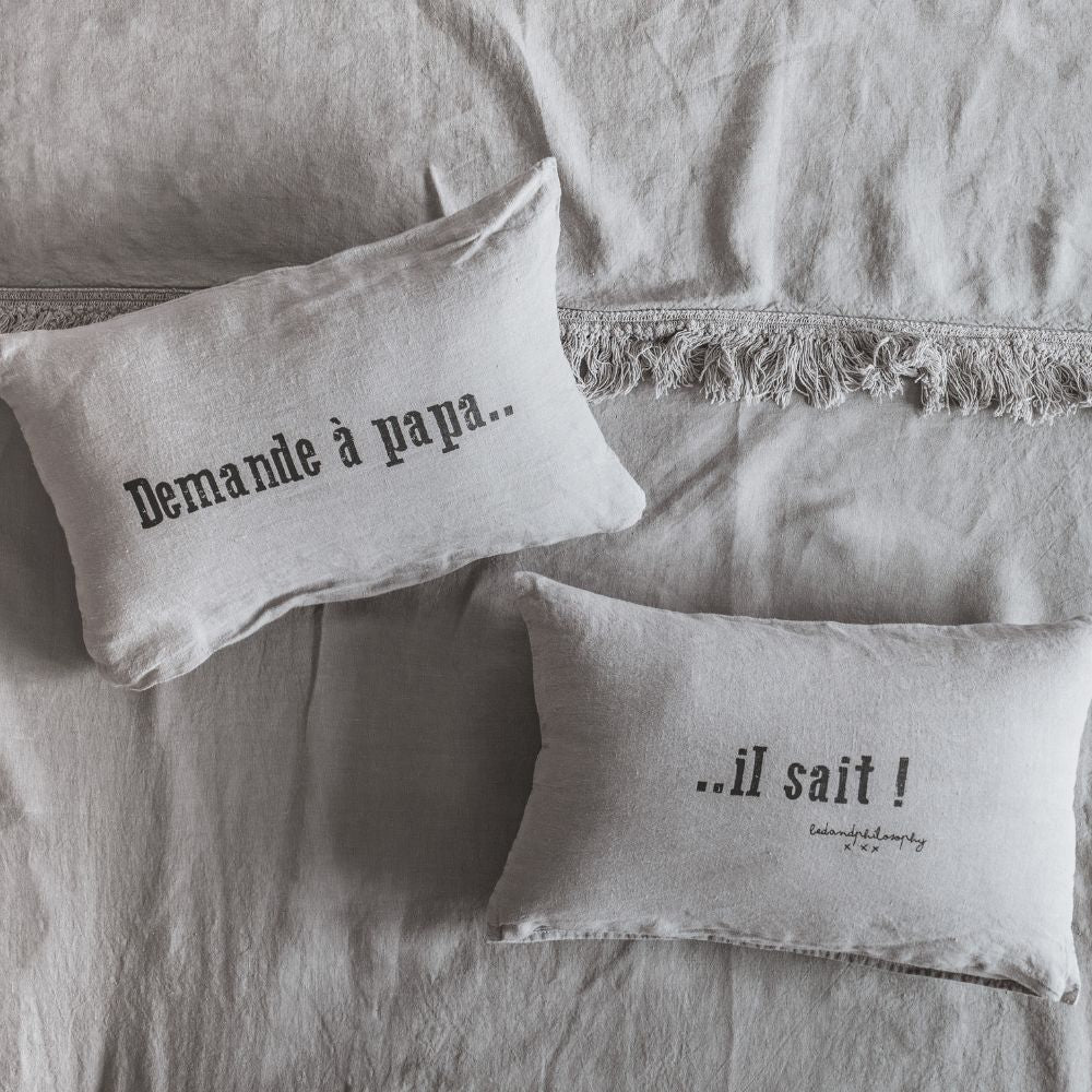 Housse De Coussin Sérigraphiée En Lin Lavé - Gris