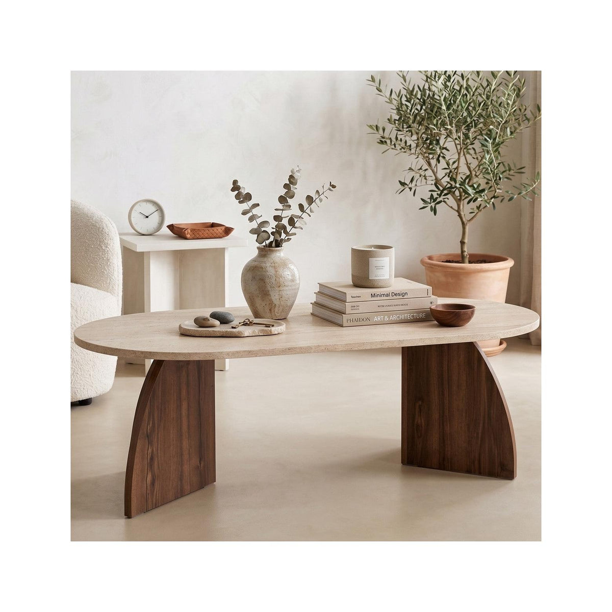 Lumea - Tavolino Basso - Effetto Travertino E Noce - Beige