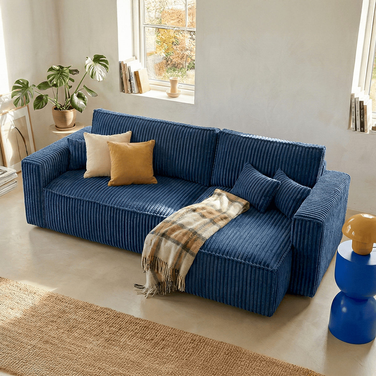 Livia - Sofá de esquina convertible reversible - Pana - Azul