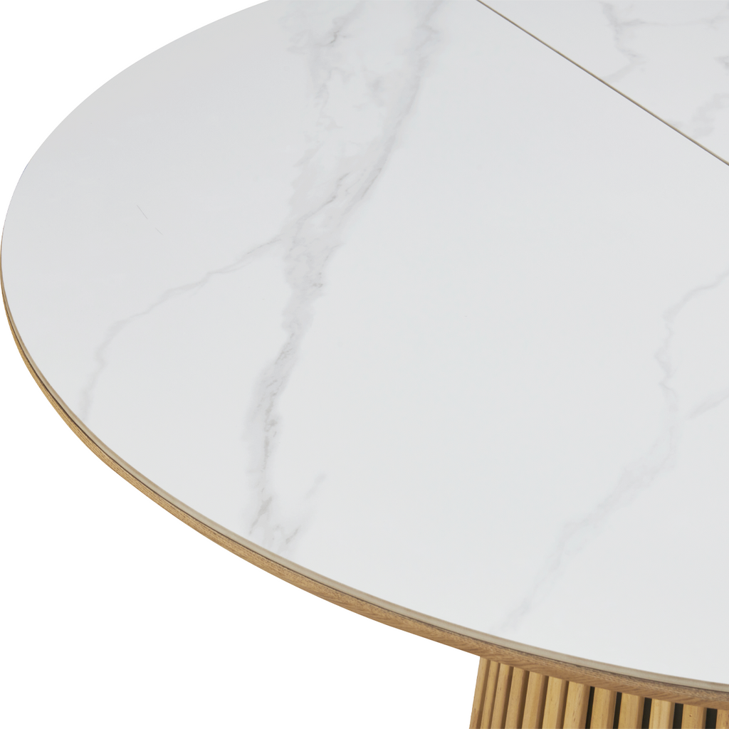 Ada - Table À Manger Ronde Extensible - Céramique Effet Marbre - Bois Clair