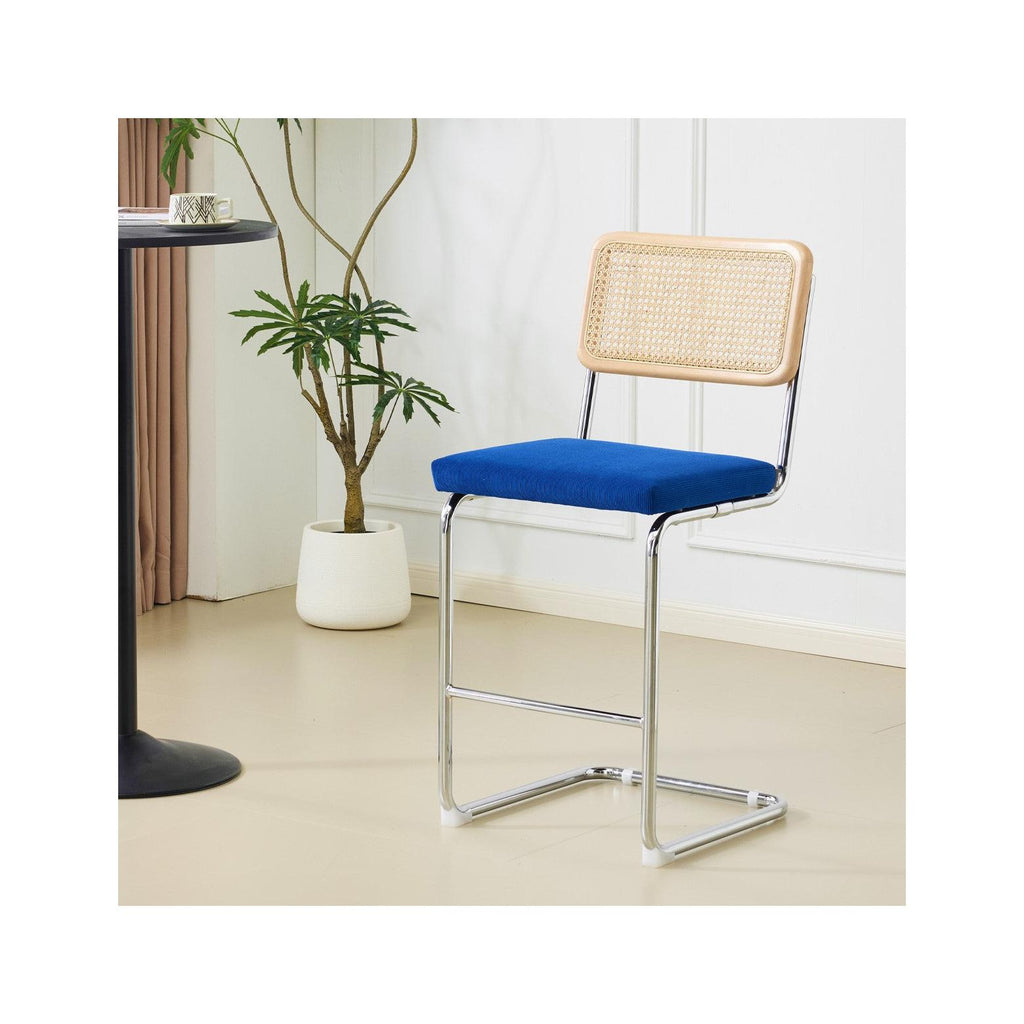 Muse - Set Di 2 Sgabelli Da Bar - Paglia Di Vienna E Velluto A Coste - Blu Elettrico