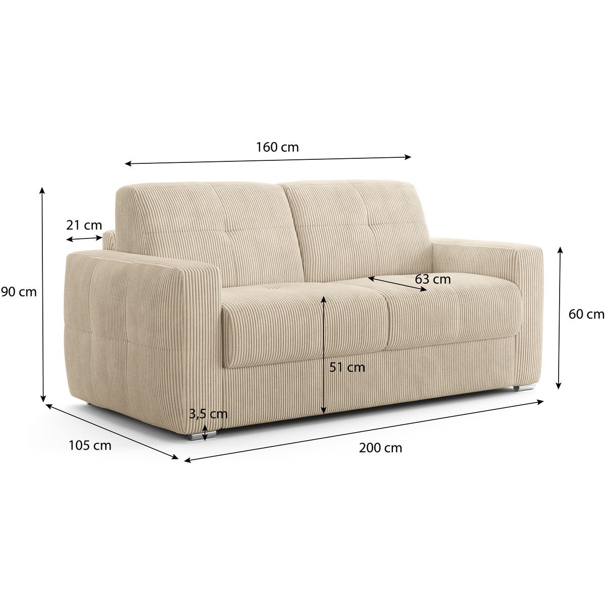 Cassian - Hæftet sovesofa - Fløjl - Beige