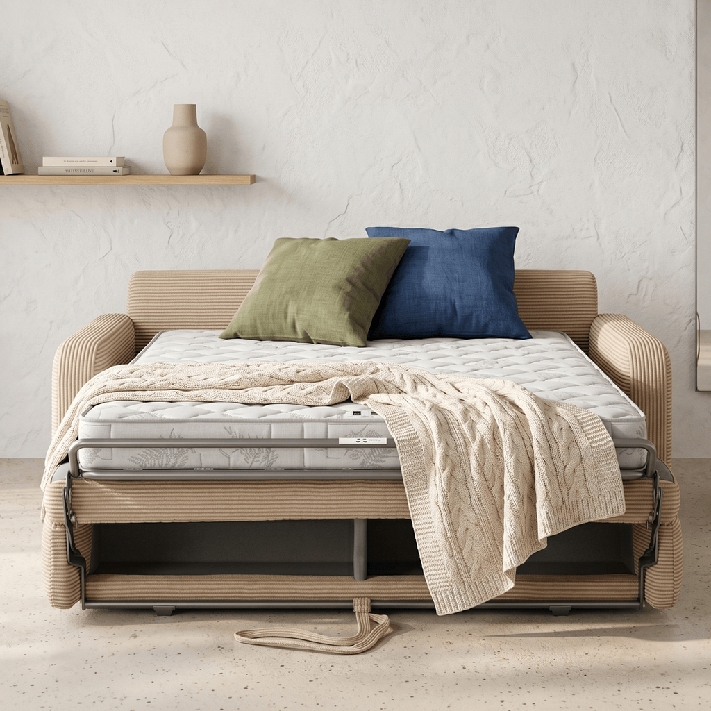Lumio - Sofa Prosta Rozkładana - Sztruks - Jasny Brąz