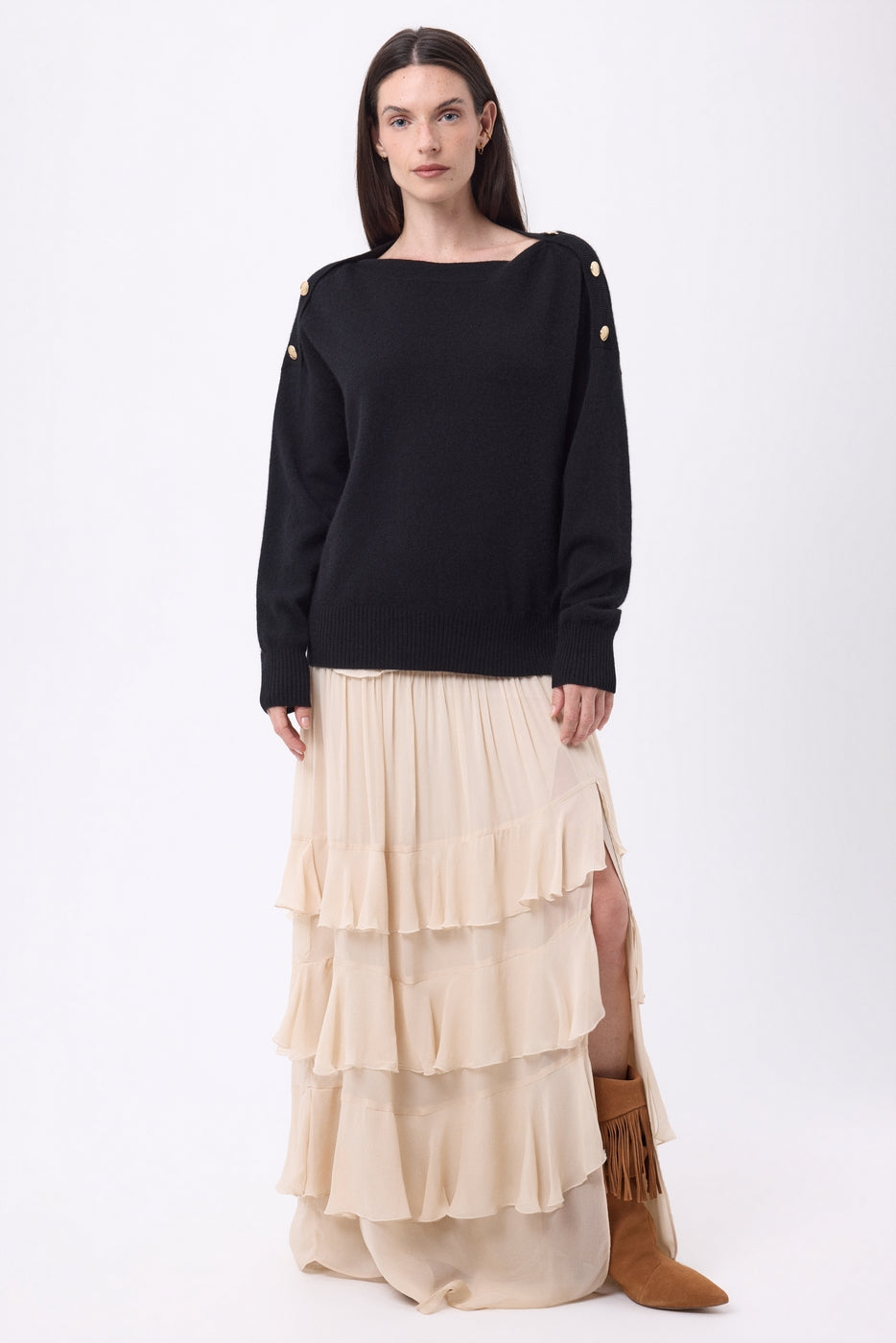 Jersey de cuello redondo con botones dorados Icono - Negro - Mujer