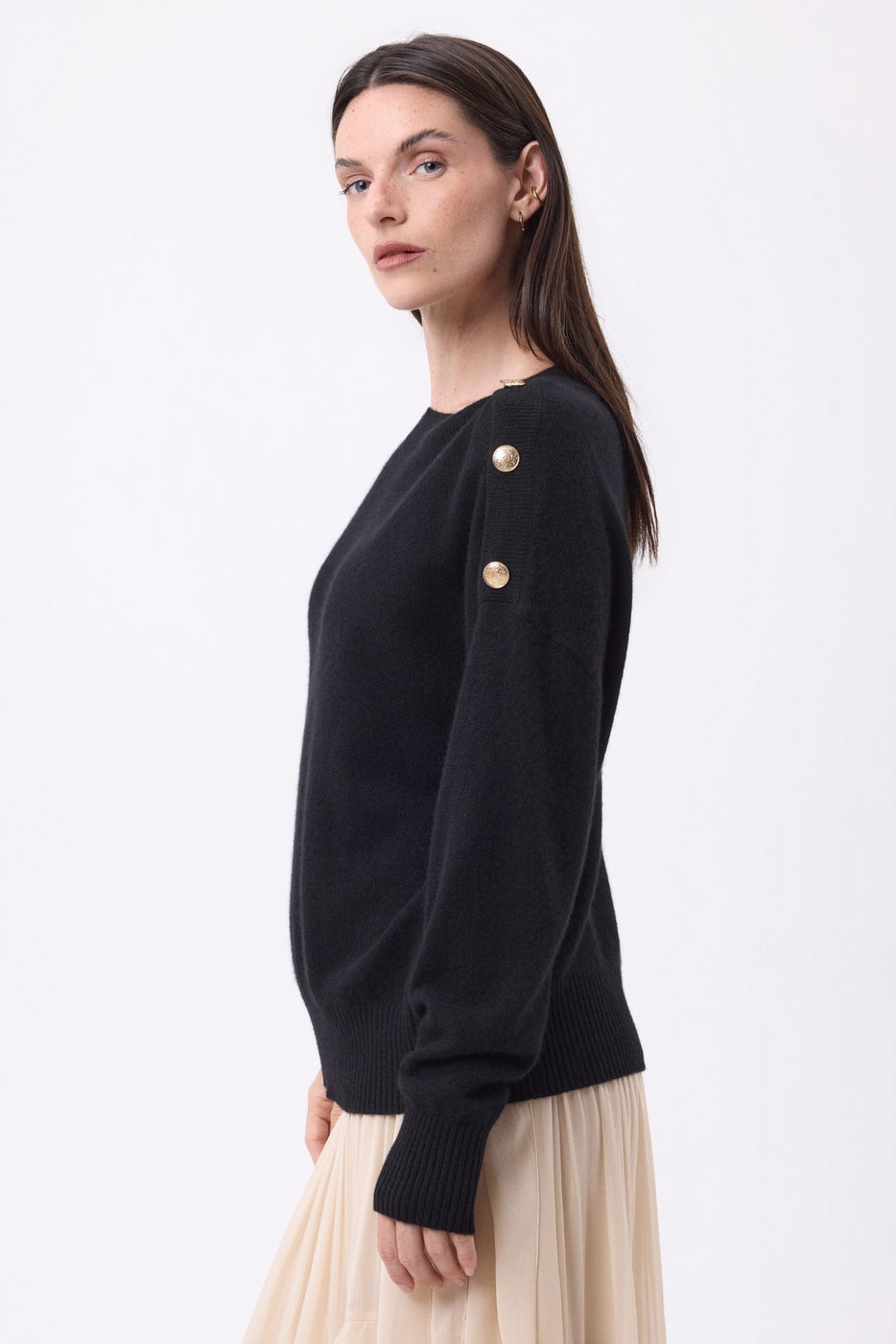 Jersey de cuello redondo con botones dorados Icono - Negro - Mujer