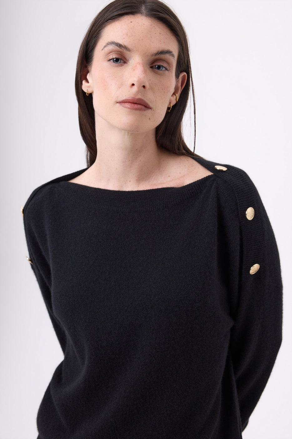 Jersey de cuello redondo con botones dorados Icono - Negro - Mujer