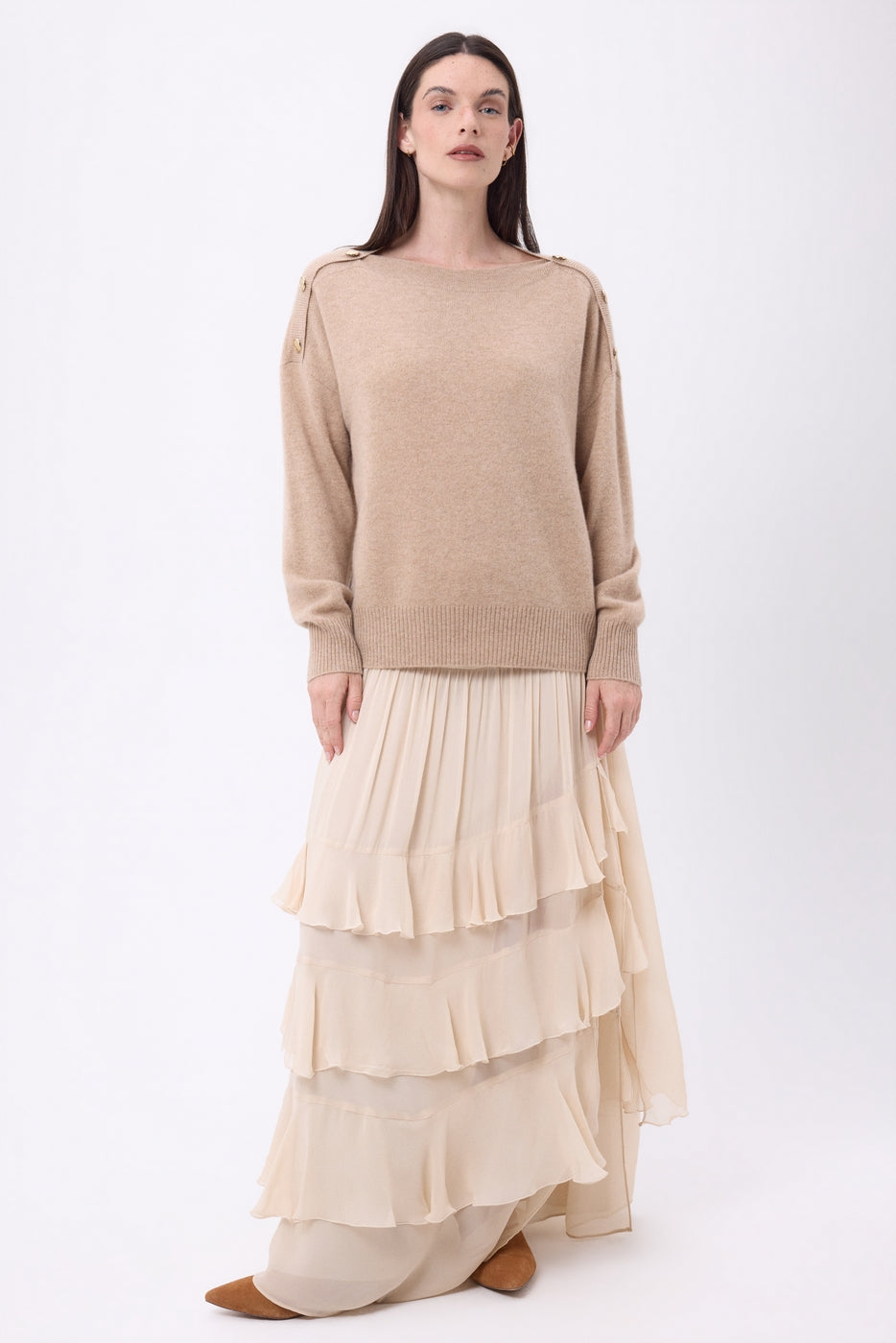 Pull Col Rond Boutons Dorés Icone - Beige Creme - Femme