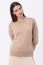 Pull Col Rond Boutons Dorés Icone - Beige Creme - Femme
