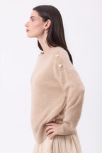 Pull Col Rond Boutons Dorés Icone - Beige Creme - Femme