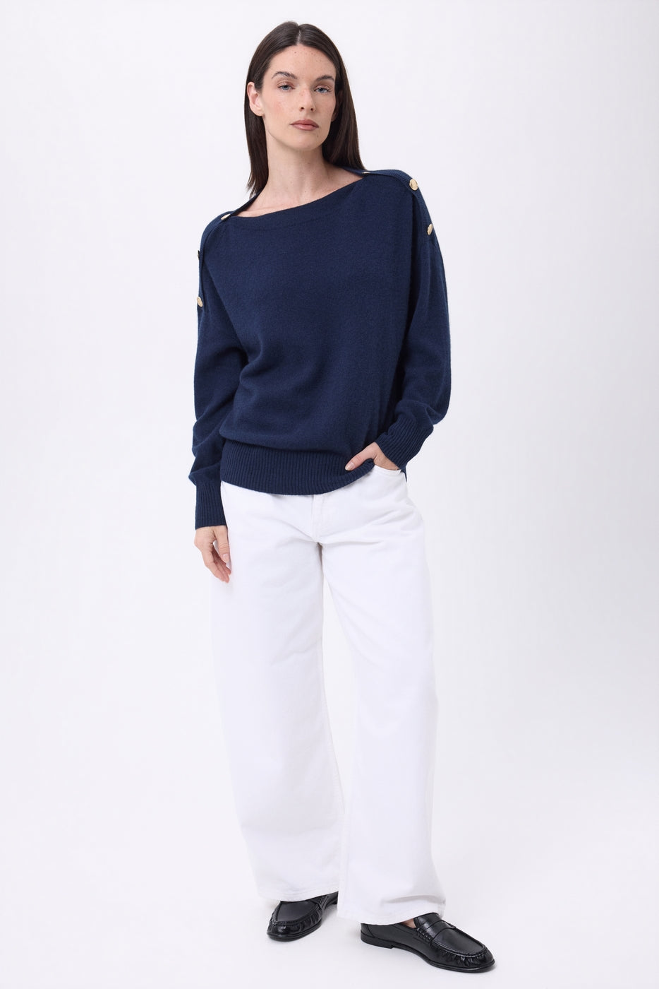 Pull Col Rond Boutons Dorés Icone - Bleu Marine - Femme