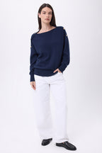 Pull Col Rond Boutons Dorés Icone - Bleu Marine - Femme