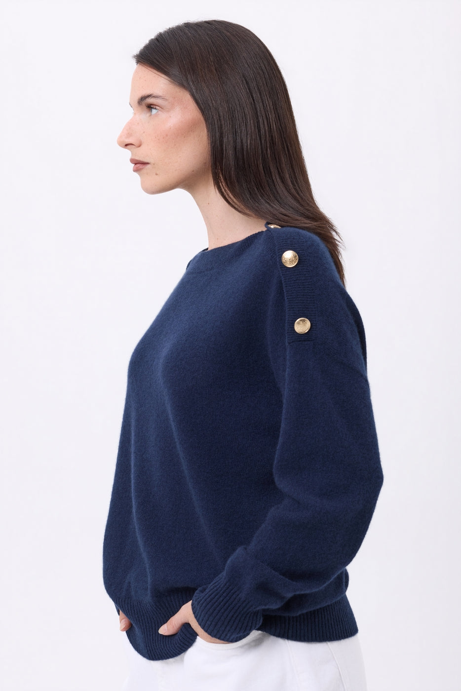 Pull Col Rond Boutons Dorés Icone - Bleu Marine - Femme