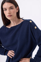 Pull Col Rond Boutons Dorés Icone - Bleu Marine - Femme