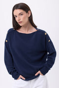 Pull Col Rond Boutons Dorés Icone - Bleu Marine - Femme