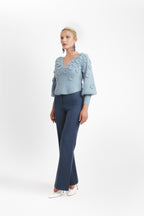 Jersey de Cuello en V de Mohair y Lana con Flores - Azul