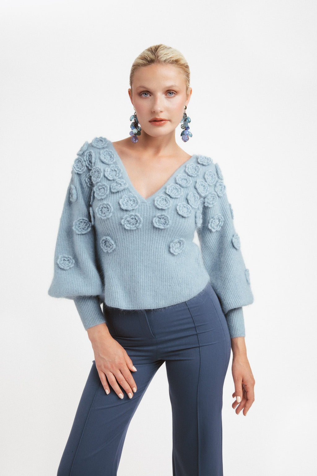 Jersey de Cuello en V de Mohair y Lana con Flores - Azul