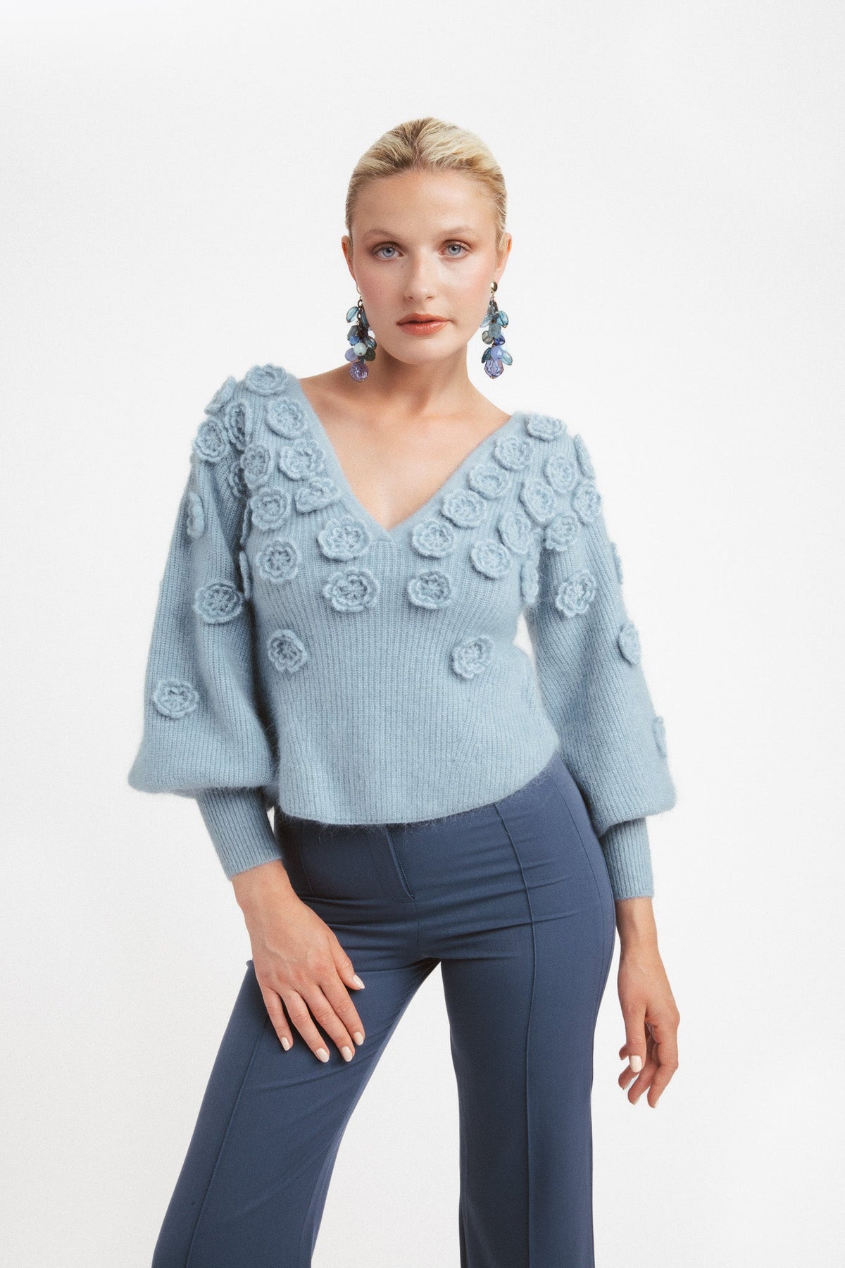 Jersey de Cuello en V de Mohair y Lana con Flores - Azul