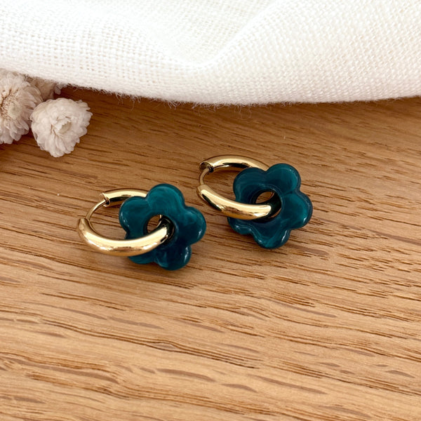 Pendientes de aro “Mini Flora” de acero azul pato