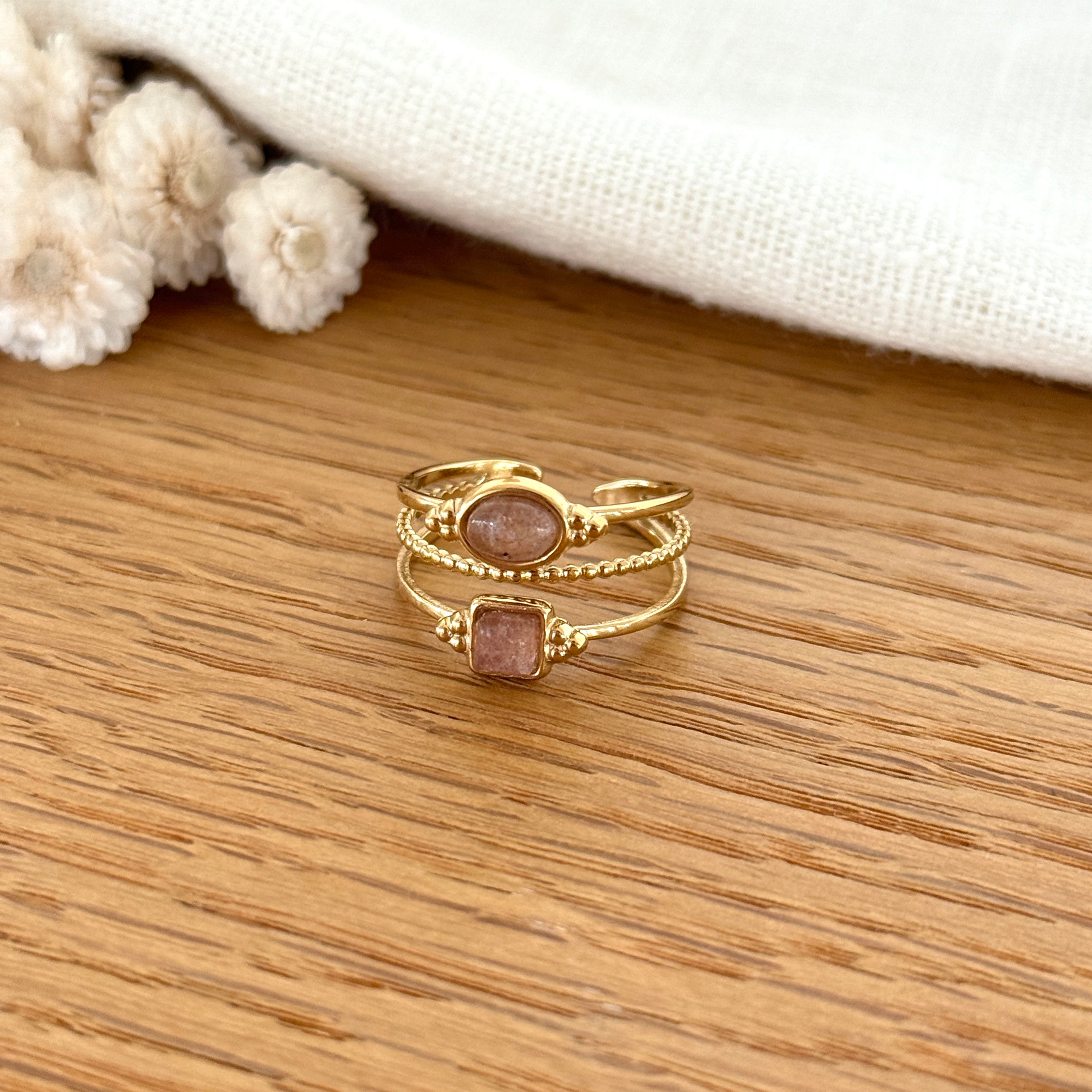 Bague "Amara" Quartz Fraise Acier