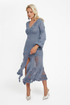 Gehaakte jurk van mohairmix met bloemen - Blauw