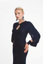 Vestido de Punto con Espalda Abierta y Mangas Abiertas - Azul Marino