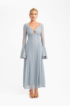 Lace Maxi Dress with Flutter Sleeves - Blue