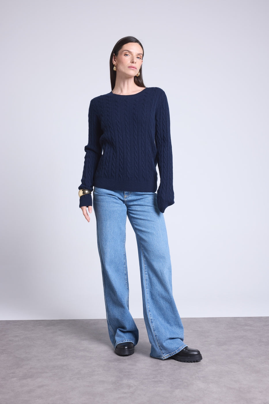 Jersey de cuello redondo trenzado Isabella - Azul marino - Mujer