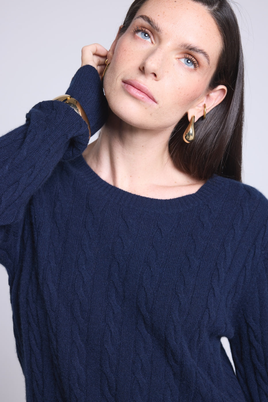 Jersey de cuello redondo trenzado Isabella - Azul marino - Mujer