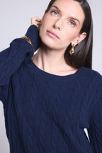 Jersey de cuello redondo trenzado Isabella - Azul marino - Mujer