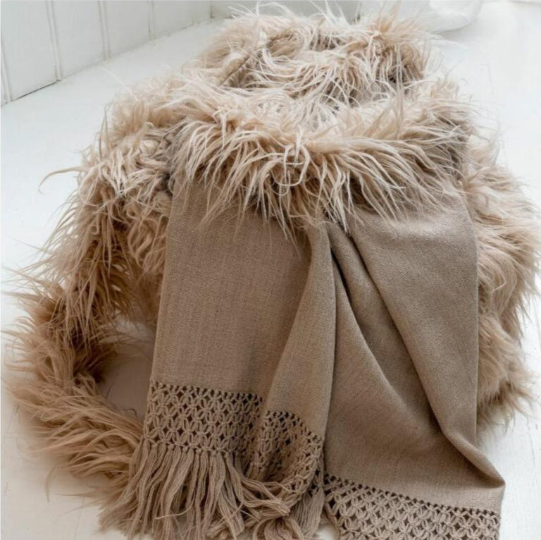 Plaid En Laine Et Détails Macramé - Isia - Poudre