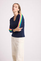 Java Rainbow Stripe Sleeve V-Neck Jumper - Navy Blue