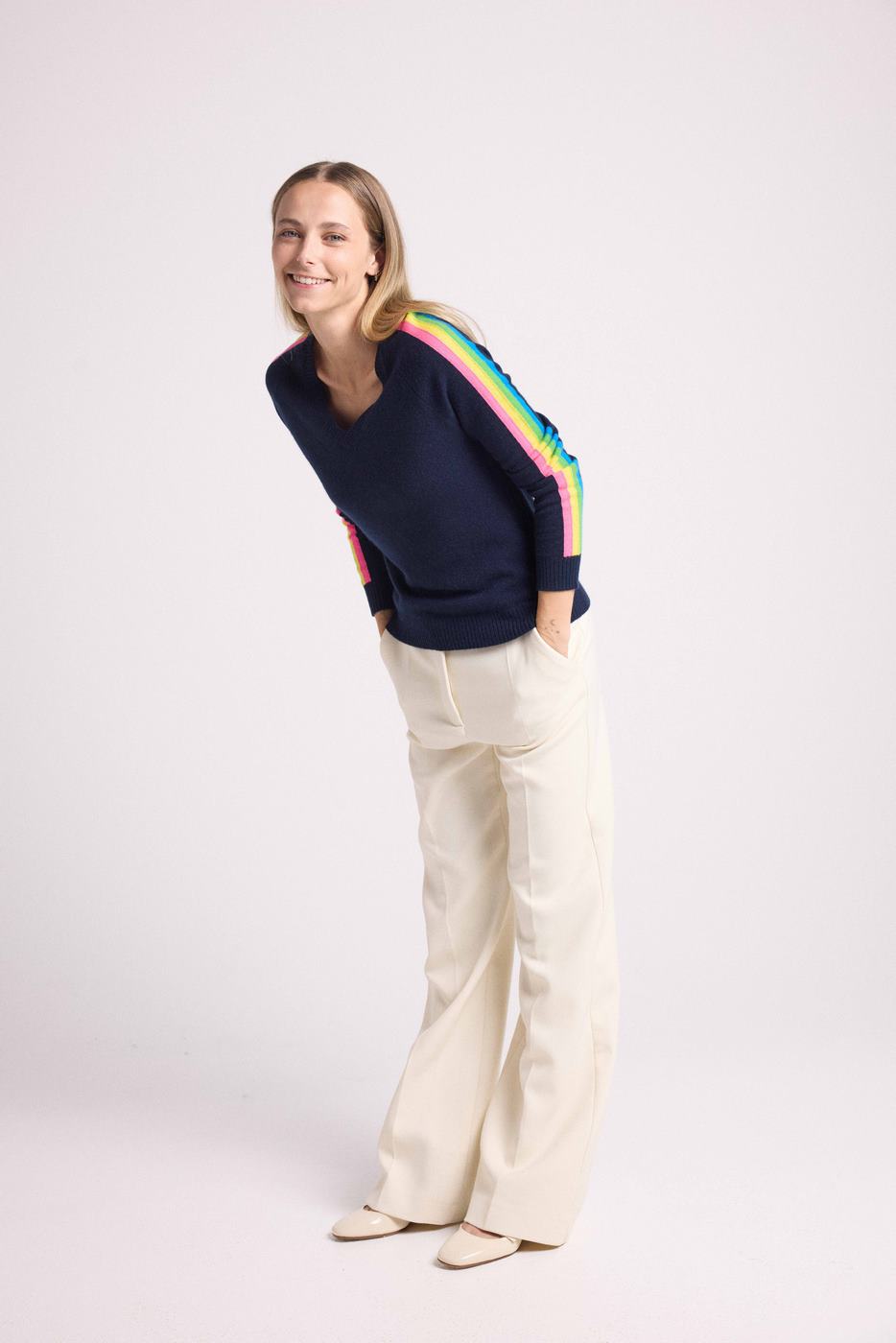 Java Rainbow Stripe Sleeve V-Neck Jumper - Navy Blue