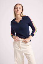 Java Rainbow Stripe Sleeve V-Neck Jumper - Navy Blue