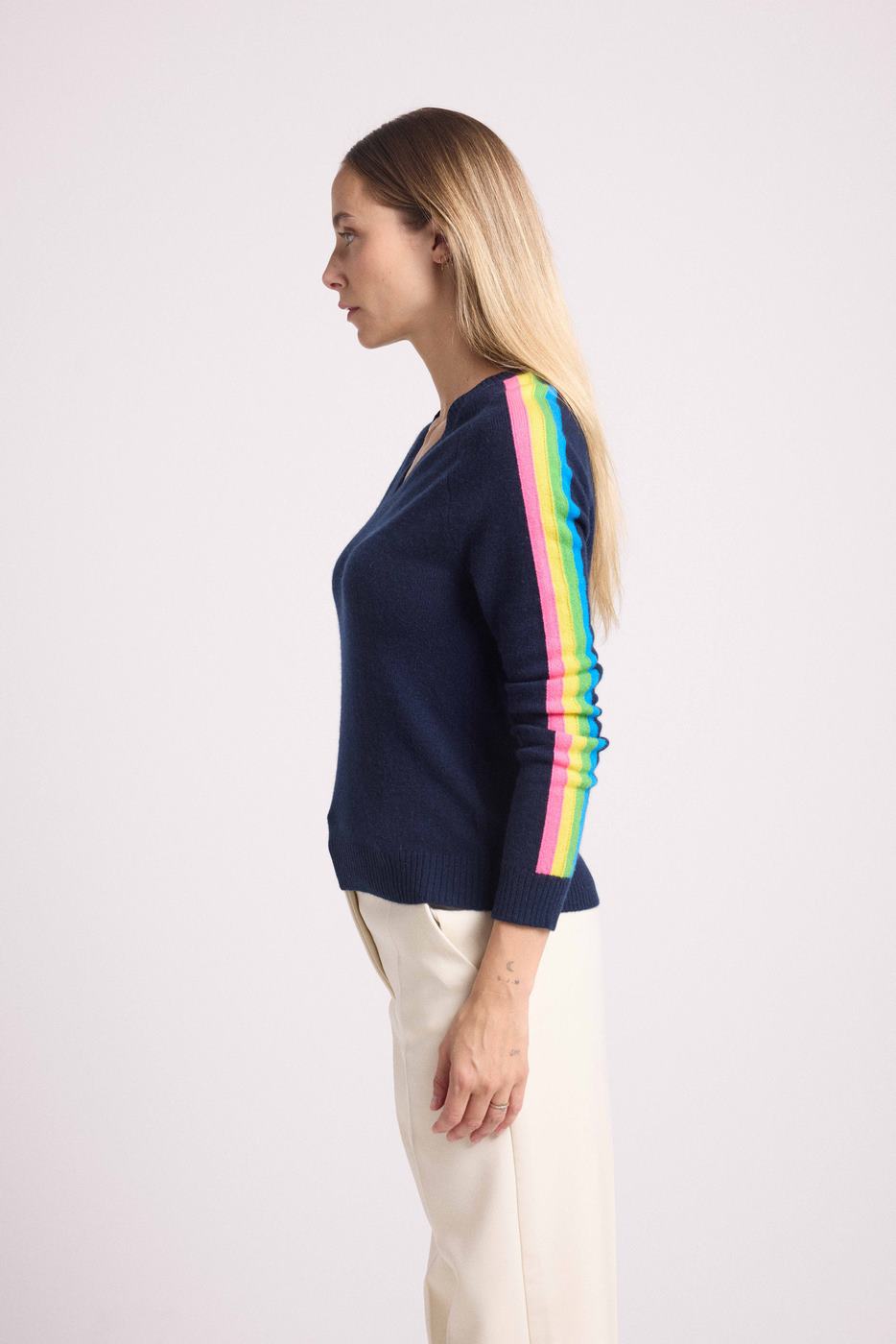 Java Rainbow Stripe Sleeve V-Neck Jumper - Navy Blue