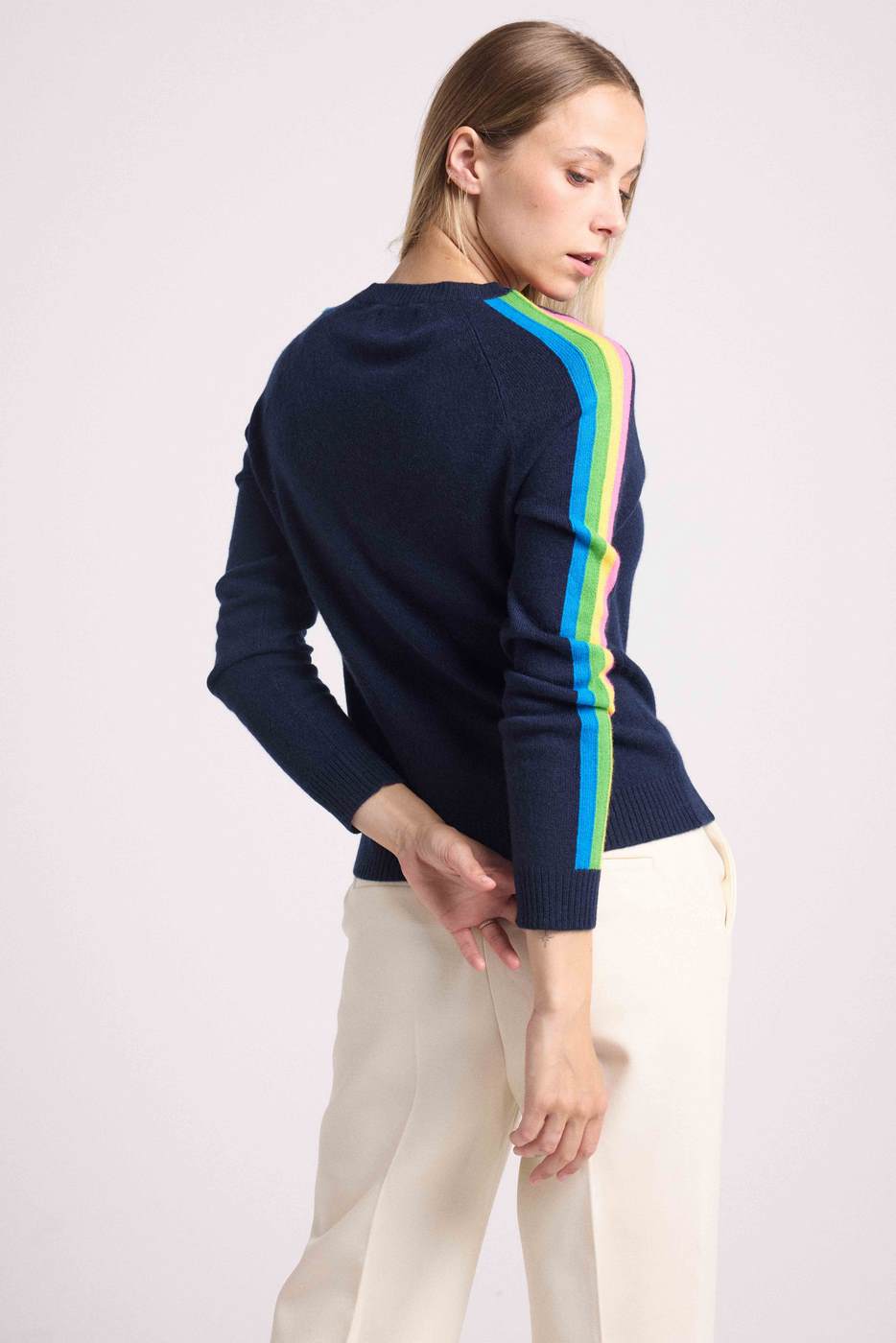 Java Rainbow Stripe Sleeve V-Neck Jumper - Navy Blue