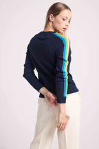 Java Rainbow Stripe Sleeve V-Neck Jumper - Navy Blue