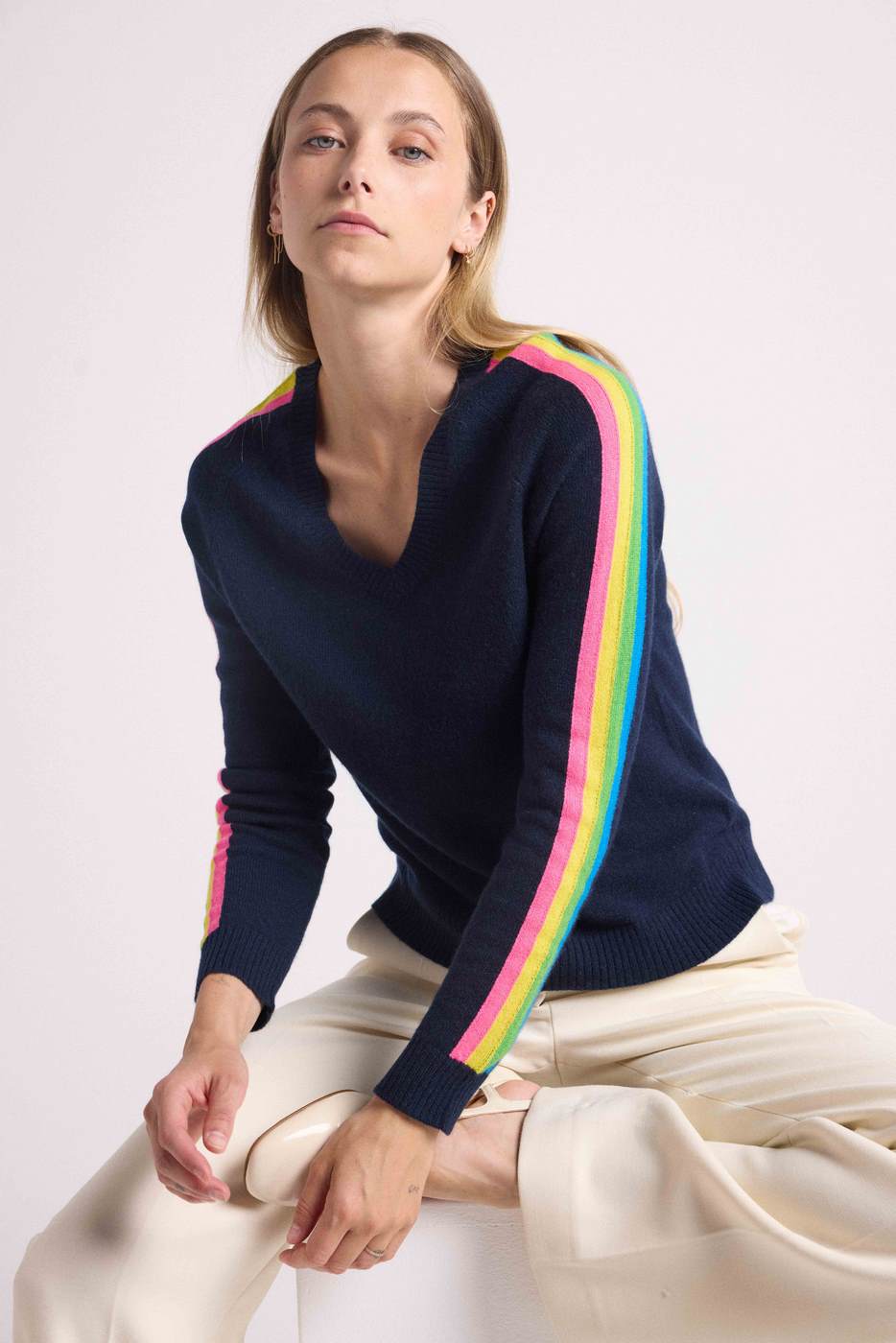 Java Rainbow Stripe Sleeve V-Neck Jumper - Navy Blue