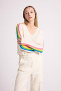 Pull Col V Bandes Arc En Ciel Manches Java - Blanc