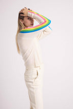 Pull Col V Bandes Arc En Ciel Manches Java - Blanc