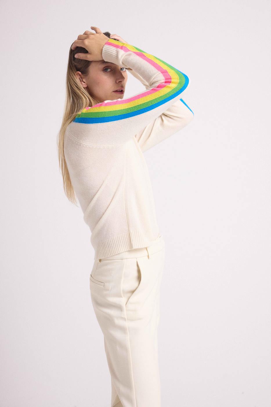 Pull Col V Bandes Arc En Ciel Manches Java - Blanc