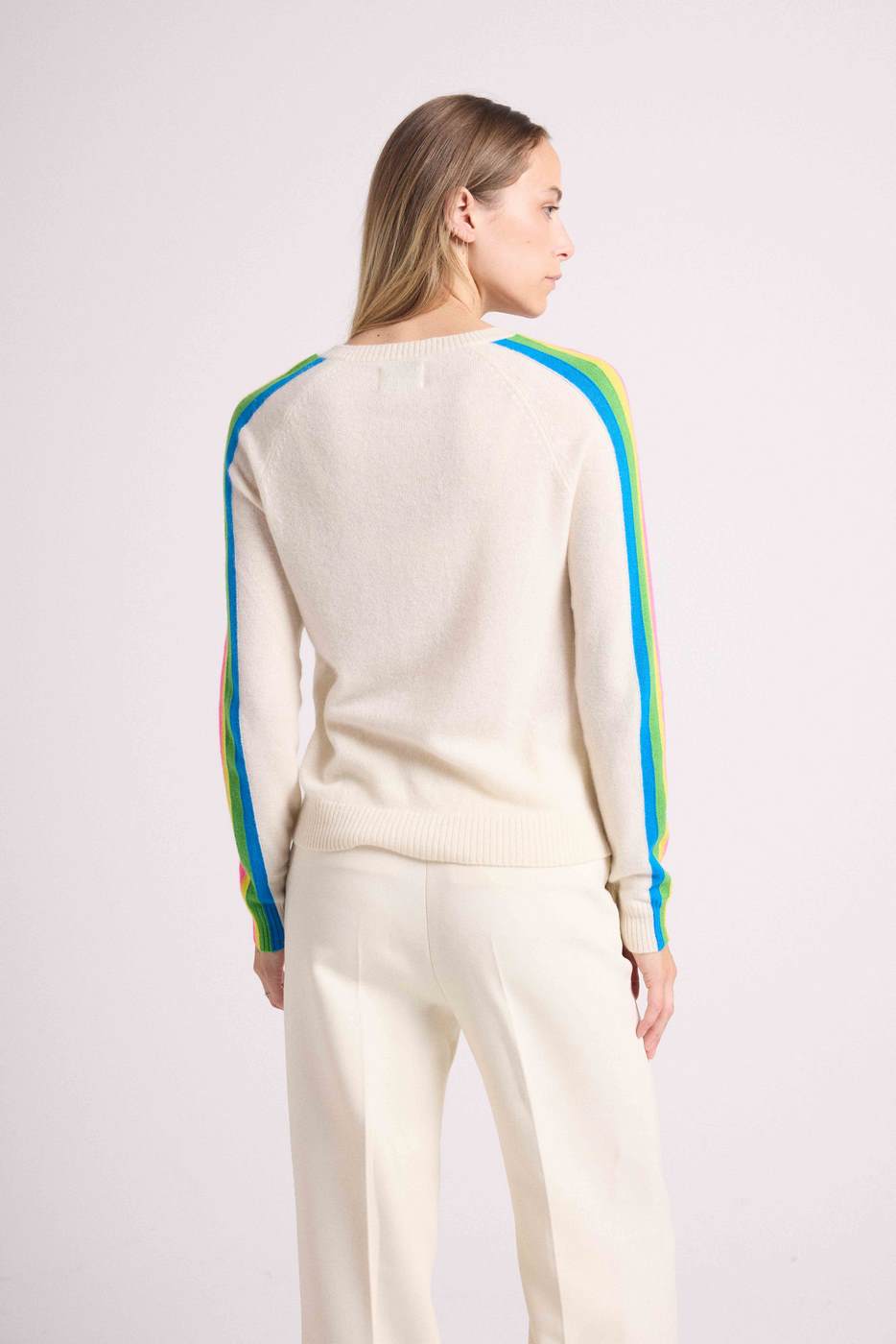 Pull Col V Bandes Arc En Ciel Manches Java - Blanc