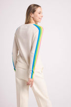 Pull Col V Bandes Arc En Ciel Manches Java - Blanc