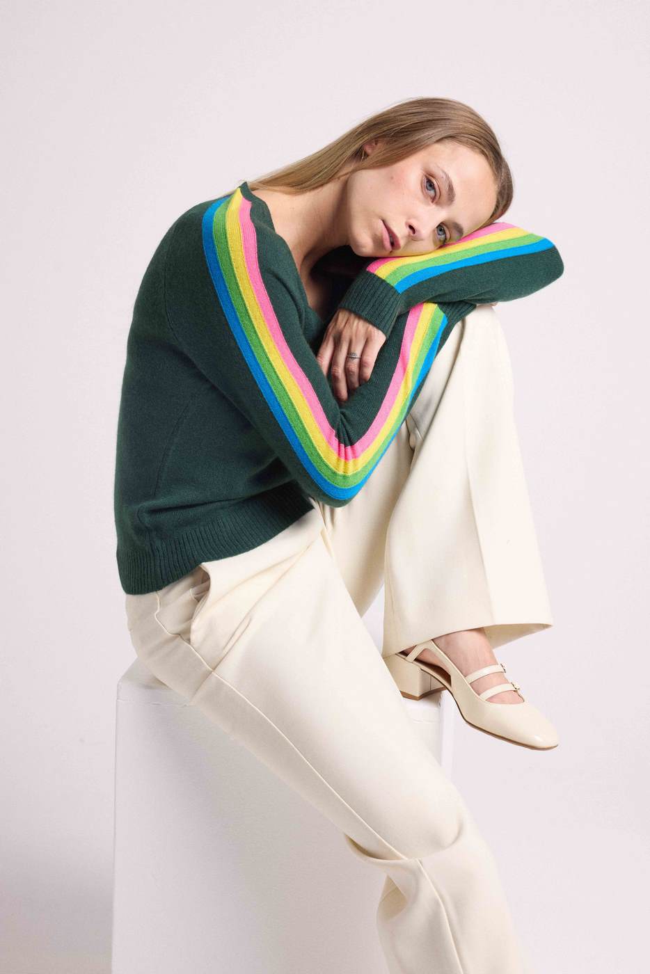 Java Rainbow Stripe Sleeve V-Neck Jumper - Bottle Green