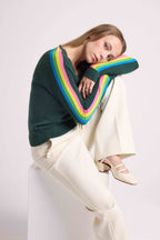 Java Rainbow Stripe Sleeve V-Neck Jumper - Bottle Green